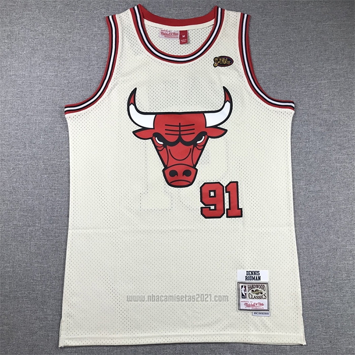 Camiseta Chicago Bulls Dennis Rodman #91 Mitchell & Ness Chainstitch Crema
